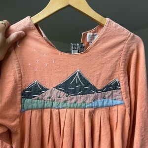 Vintage mountain nature stitching salmon pink cotton dress